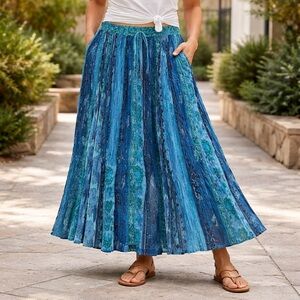Silver Stream Boho Maxi Skirt Blue Teal Crinkle Cotton Drawstring